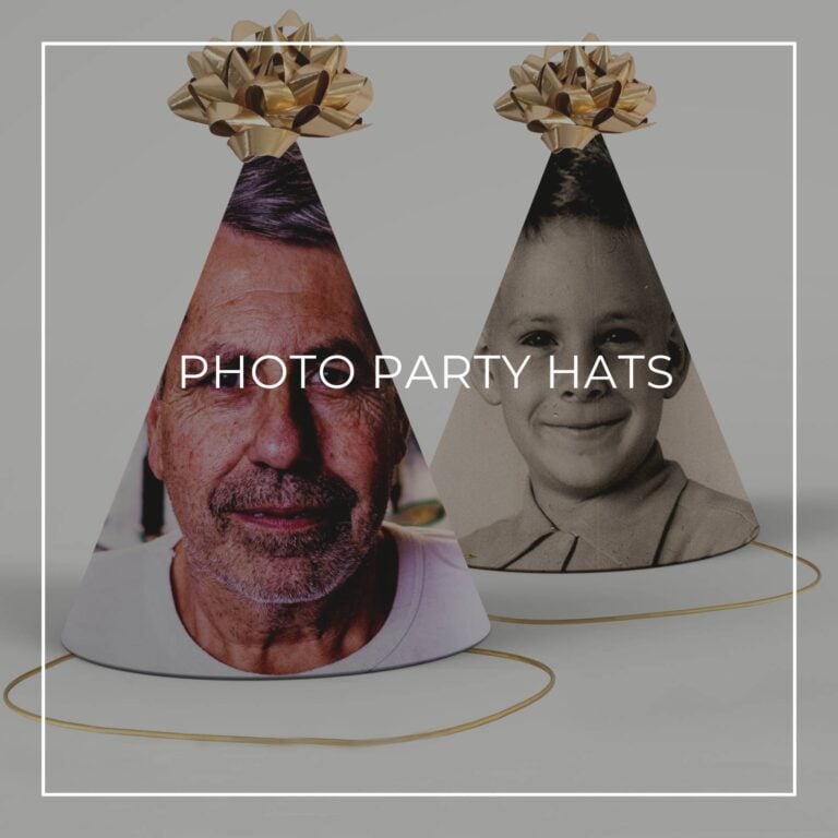 color and sepia photo party hats showing the 50th birthday boy now and as a boy