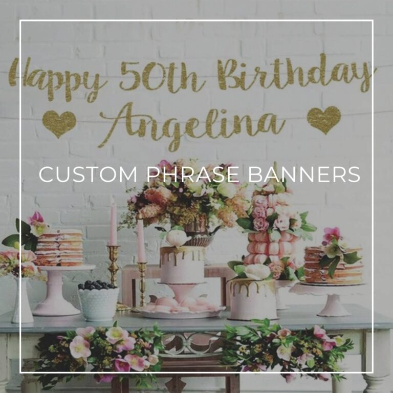 happy 50th birthday Angelina custom phrase 50th birthday banner hanging above cake table