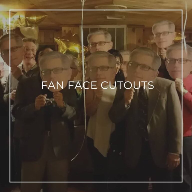 group of people holding custom fan faces of the 50th birthday boy in front of their own faces