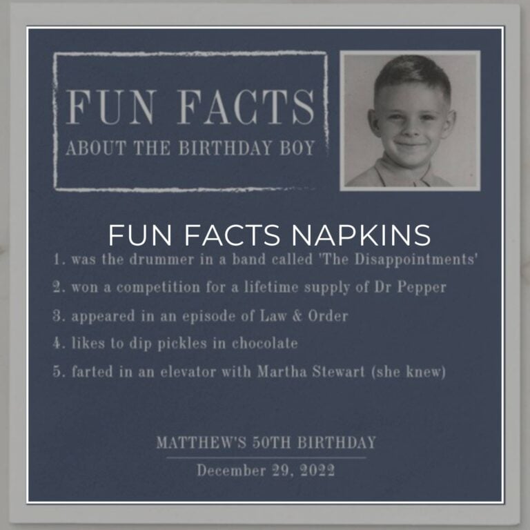 custom photo 'Fun Facts about the Birthday Boy' 50th birthday party napkins