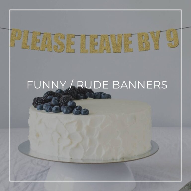 'please leave by 9' funny phrase 50th birthday party banner hanging above a cake