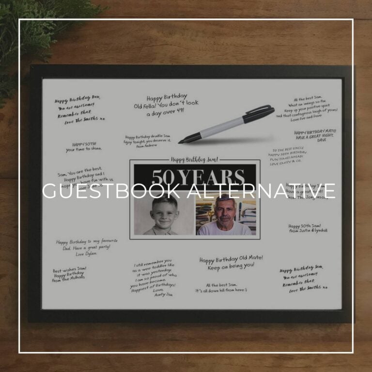 50th birthday party custom 'then & now' photo framed signing poster guestbook alternative
