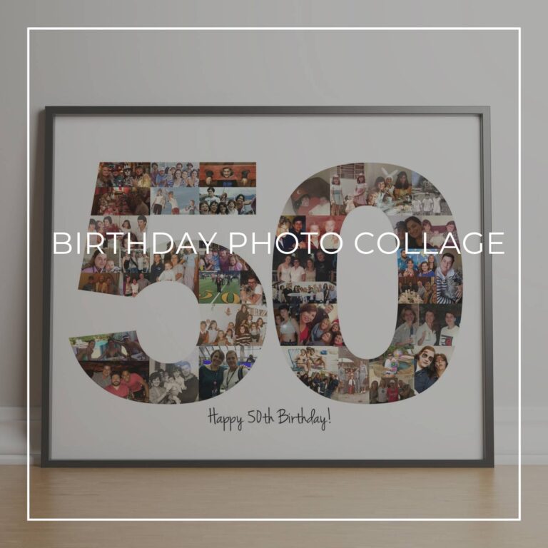 framed Happy 50th Birthday photo collage with the numbers 50 made up of 'through the years' style photos of the birthday girl at different ages
