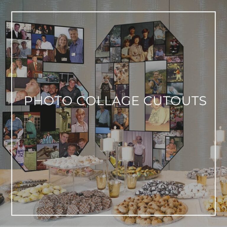 number 50 'through the years' photo collage cutout standing on a party dessert table showing photos of the 50th birthday boy
