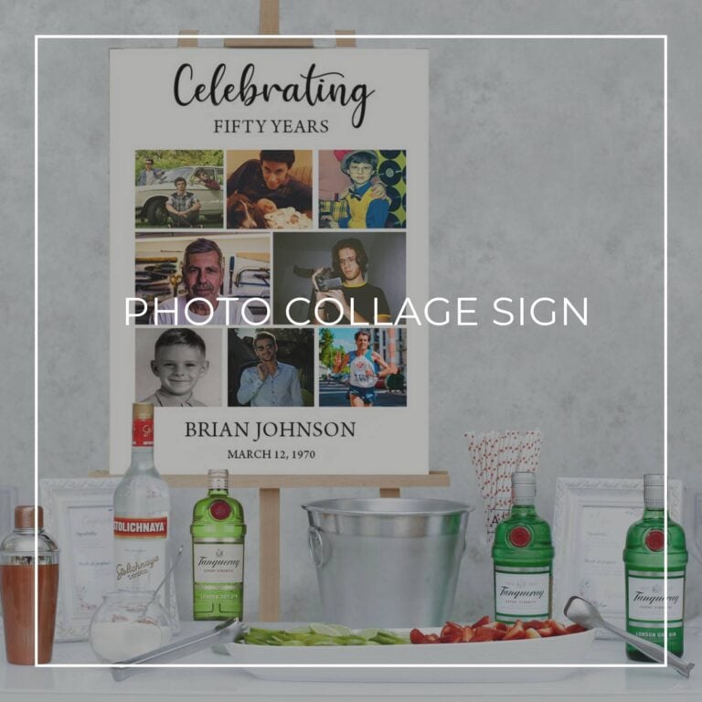 celebrating 50 years birthday photo collage sign set up on a party drinks table bar