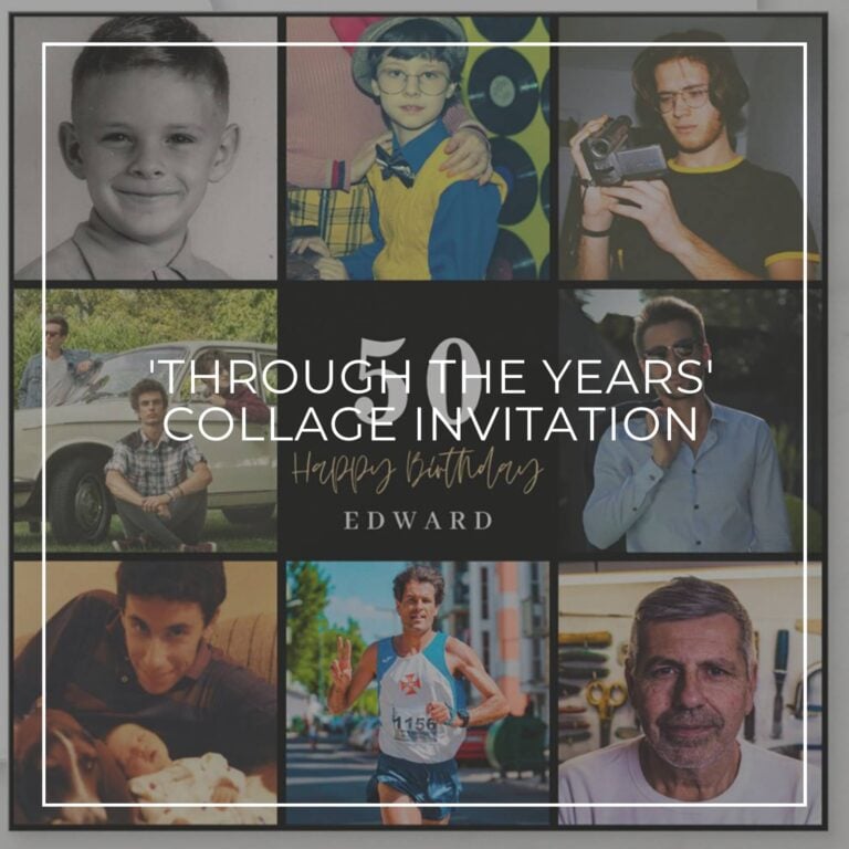 50th birthday party photo collage invitation showing the birthday boy 'through the years'