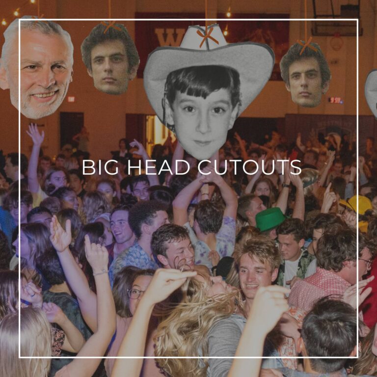 giant custom face cutouts showing the 60th birthday boy at different ages used as hanging decorations above a crowd of dancing party guests