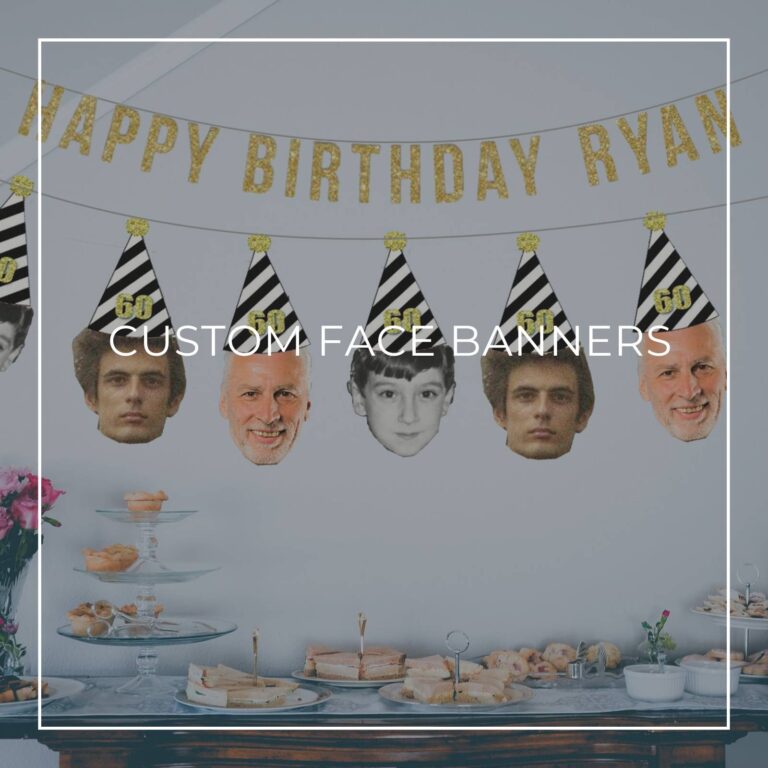 60th birthday custom face photo banners showing birthday boy at different ages hung above party dessert table