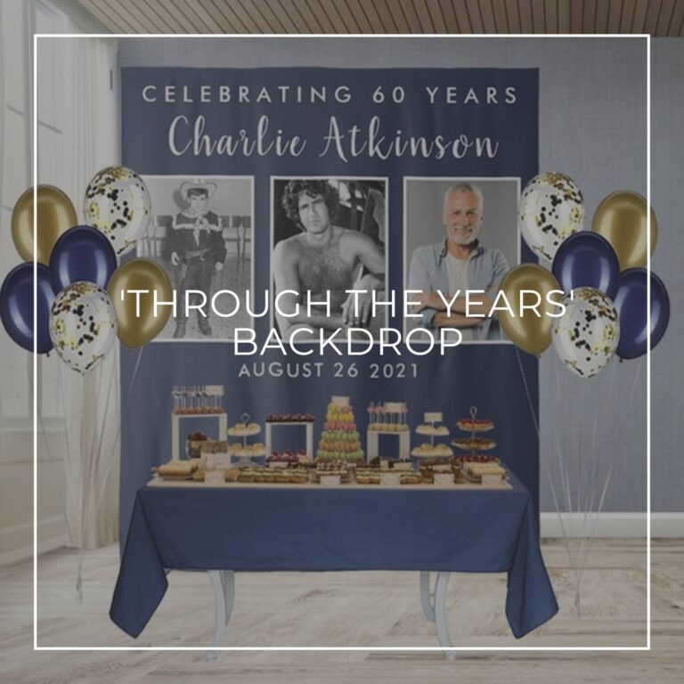 Celebrating 60 Years custom photo birthday backdrop behind a party dessert table