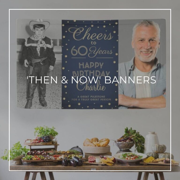 Cheers to 60 Years custom 'Then & Now' photo birthday banner decorations hung above party food table