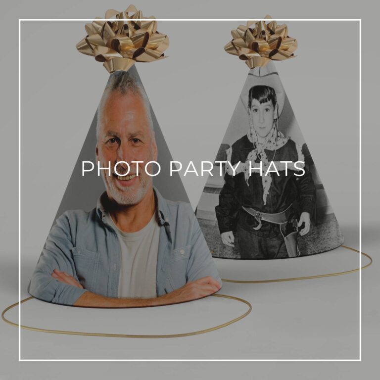 color and black & white photo party hats showing the 60th birthday boy now and as a boy