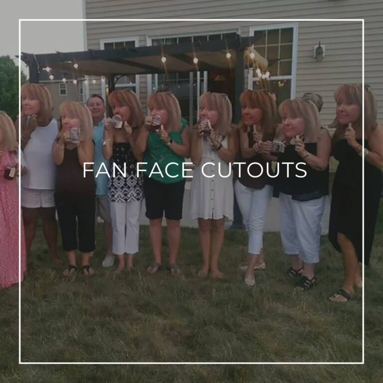 group of people holding custom fan faces of the 60th birthday girl in front of their own faces