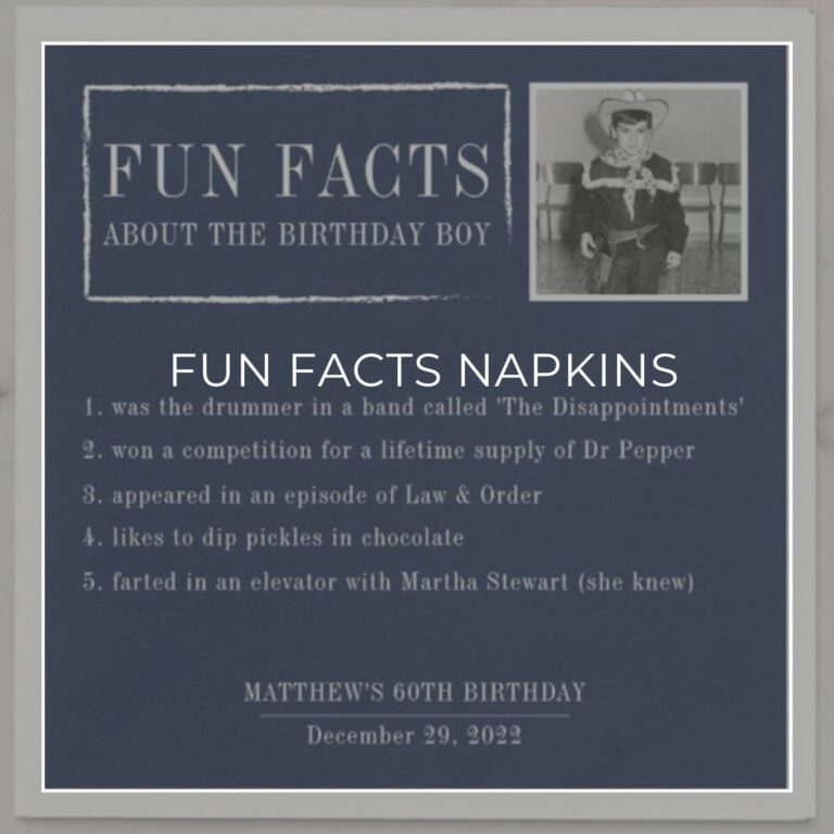 custom photo “Fun Facts about the Birthday Boy” 60th birthday party napkins