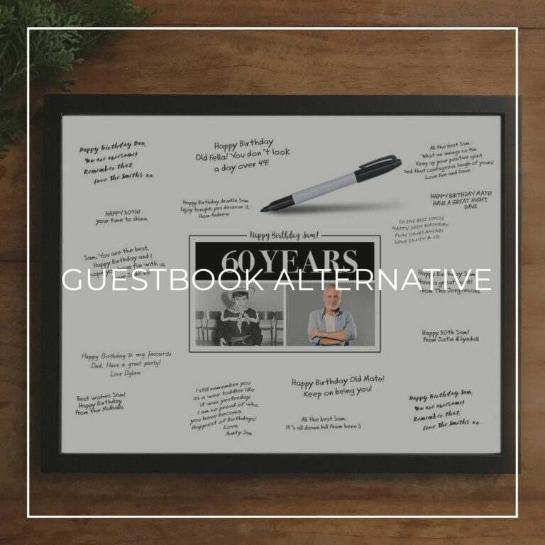 60th birthday party custom 'then & now' photo framed signing poster guestbook alternative