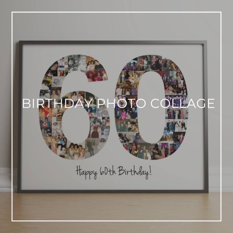 framed Happy 60th Birthday photo collage with the numbers 60 made up of 'through the years' style photos of the birthday girl at different ages