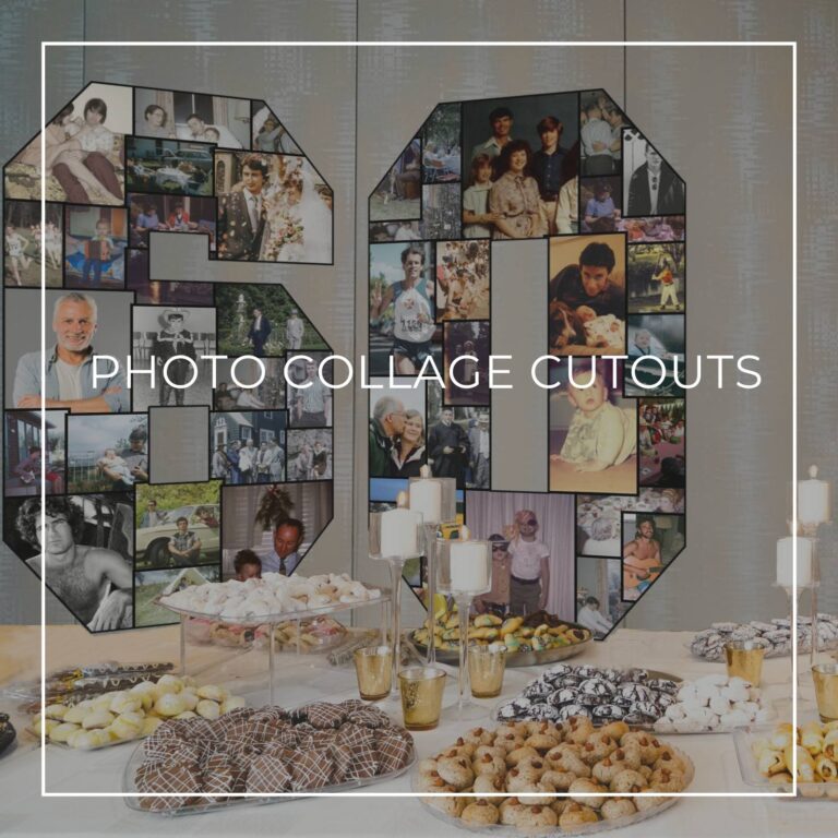 number 60 'through the years' photo collage cutout decorations standing on a party dessert table showing photos of the 60th birthday boy