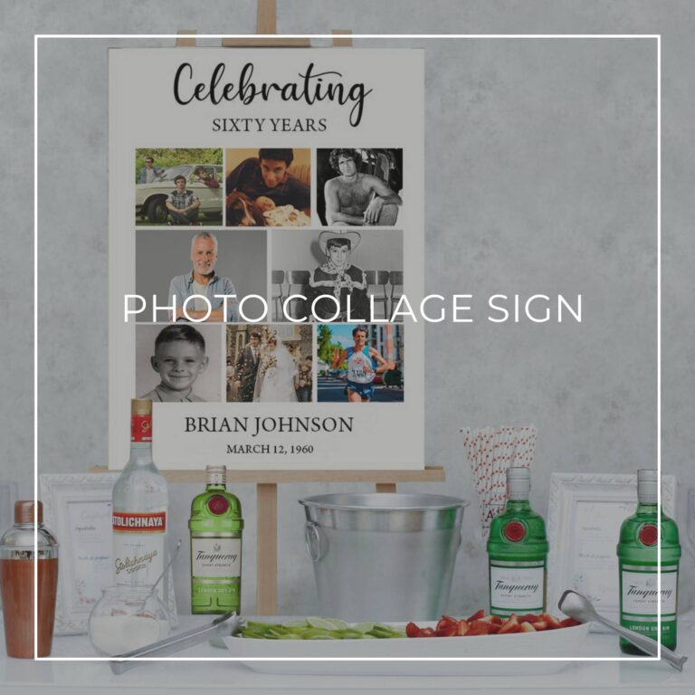celebrating 60 years birthday photo collage sign set up on a party drinks table bar