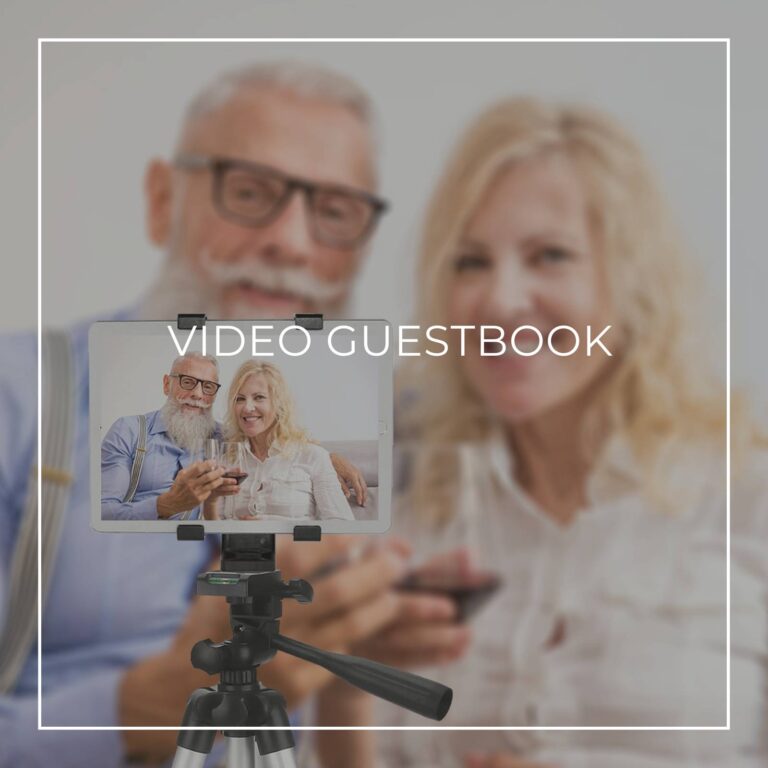 couple recording a video message on a tablet on a tripod for a 60th birthday party