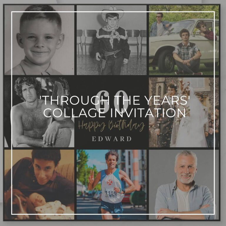 60th birthday party photo collage invitation showing the birthday boy 'through the years'