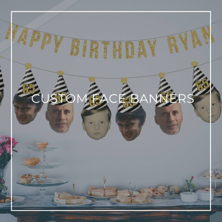 65th birthday custom face photo banners showing birthday boy at different ages hung above party dessert table