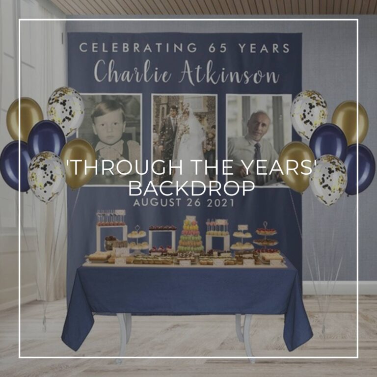 Celebrating 65 Years custom photo birthday backdrop behind a party dessert table