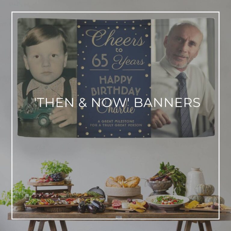 Cheers to 65 Years custom 'Then & Now' photo birthday banner decorations hung above party food table