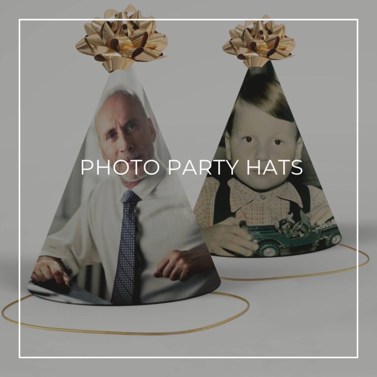 color photo party hats showing the 65th birthday boy now and as a boy