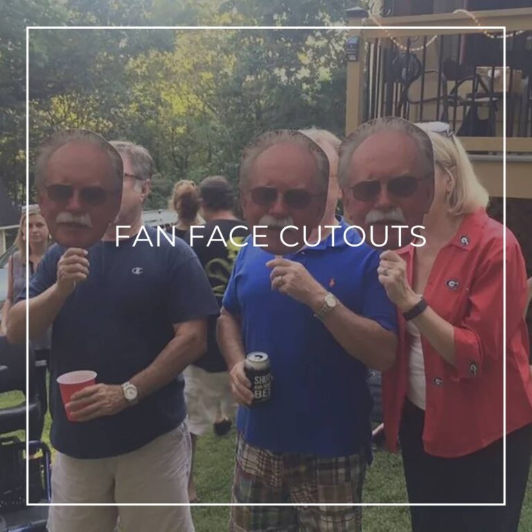 group of people holding custom fan faces of the 65th birthday boy in front of their own faces