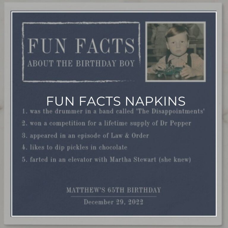 custom photo 'Fun Facts about the Birthday Boy' 65th birthday party napkins