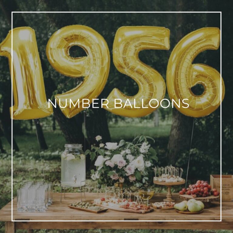 giant number balloons spelling 1956 above a dessert table for an 65th birthday party
