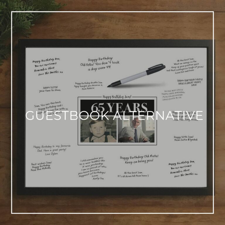 65th birthday party custom 'then & now' photo framed signing poster guestbook alternative