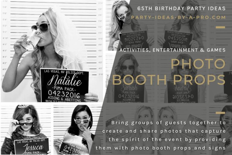 women posing with mug shot police line up photo booth props and signs