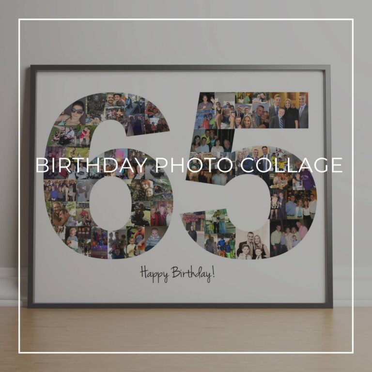 framed Happy 65th Birthday photo collage with the numbers 65 made up of 'through the years' style photos of the birthday girl at different ages