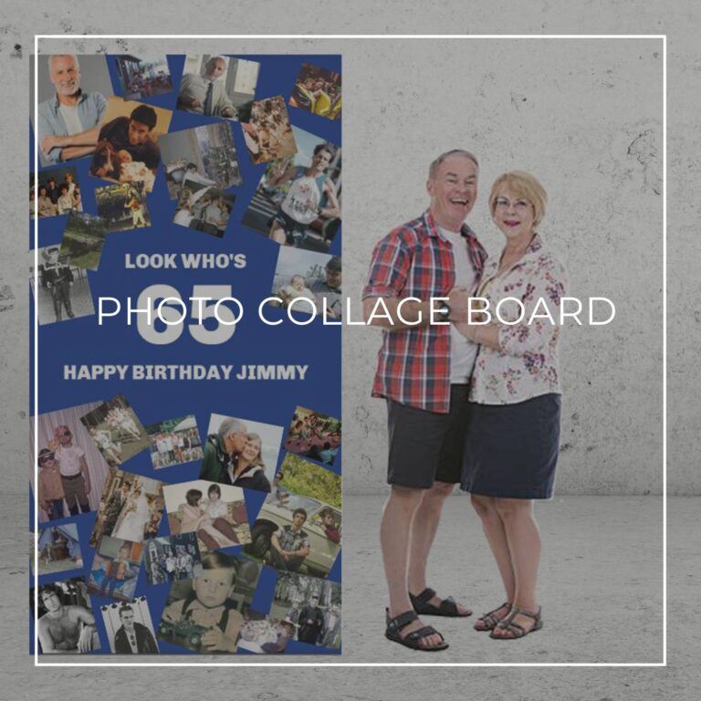 Look who's 65 freestanding 65th birthday photo collage board decoration showing photos of the birthday boy through the years