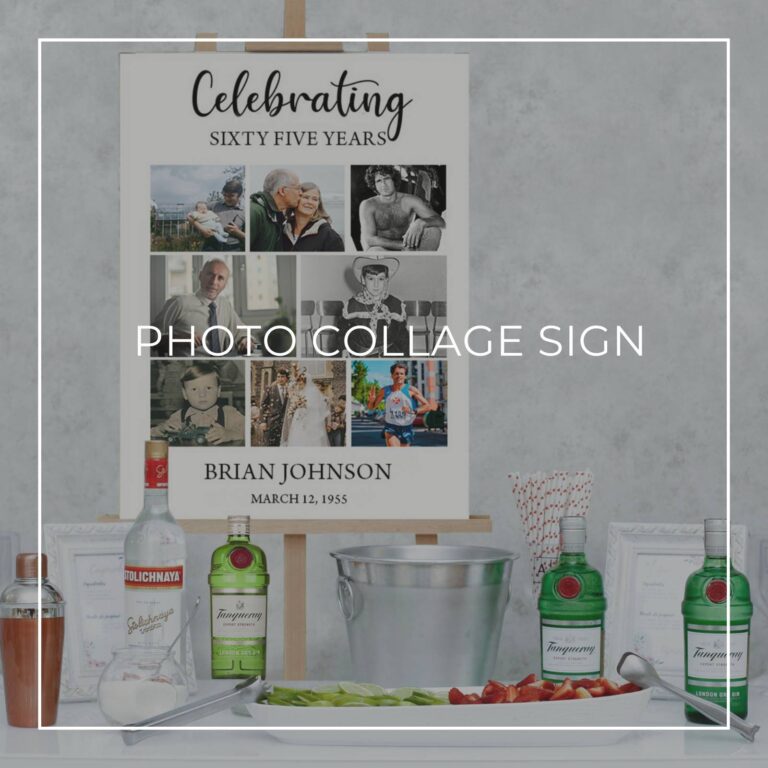 celebrating 65 years birthday photo collage sign set up on a party drinks table bar