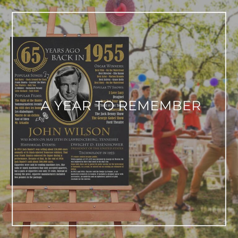 65th birthday facts and trivia sign about year you were born displayed on an easel at a party