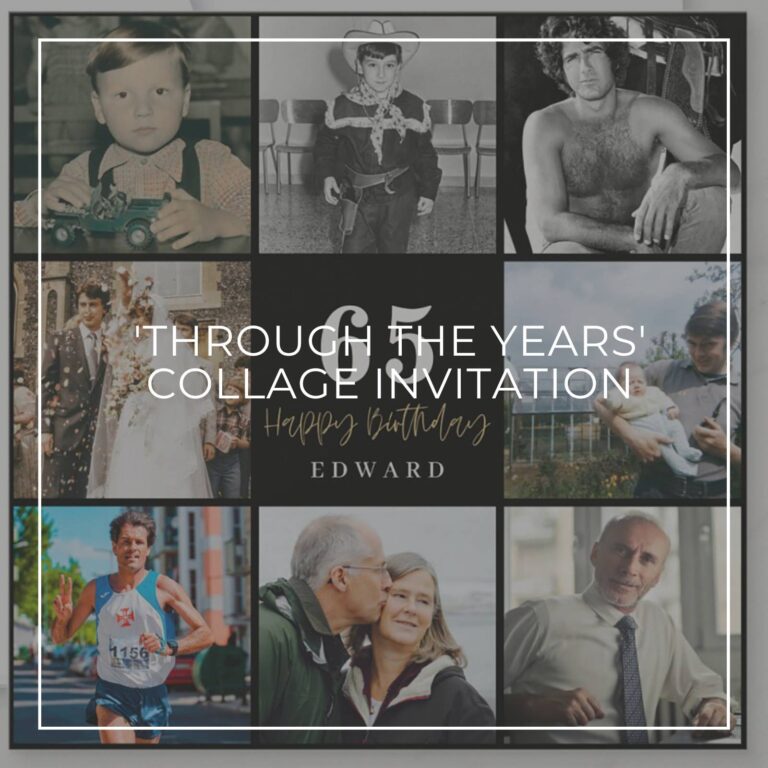 65th birthday party photo collage invitation showing the birthday boy 'through the years'