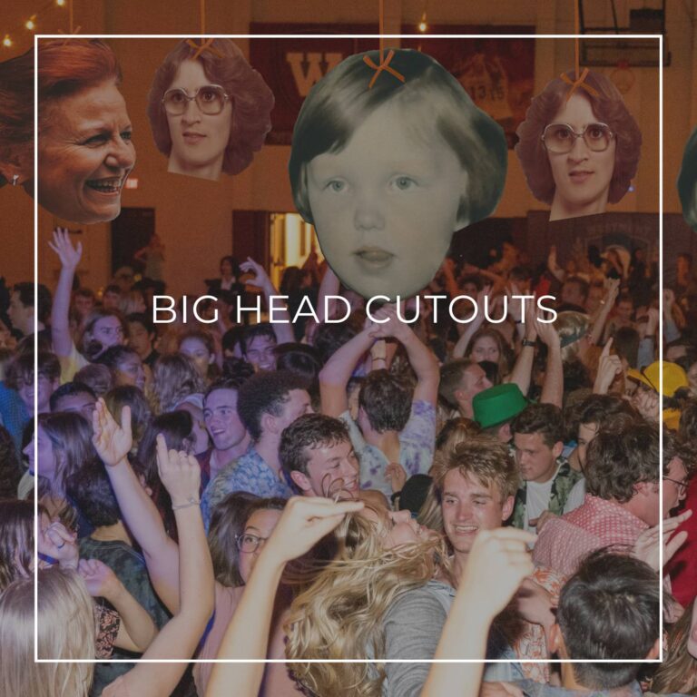 giant custom face cutouts showing the 70th birthday girl at different ages used as hanging decorations above a crowd of dancing party guests