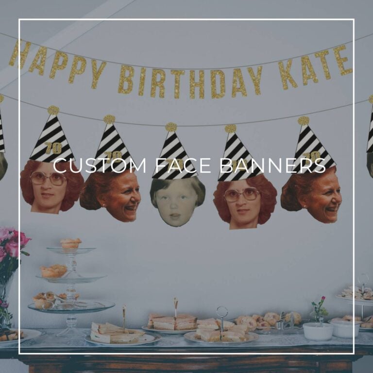 70th birthday custom face photo banners showing birthday girl at different ages hung above party dessert table