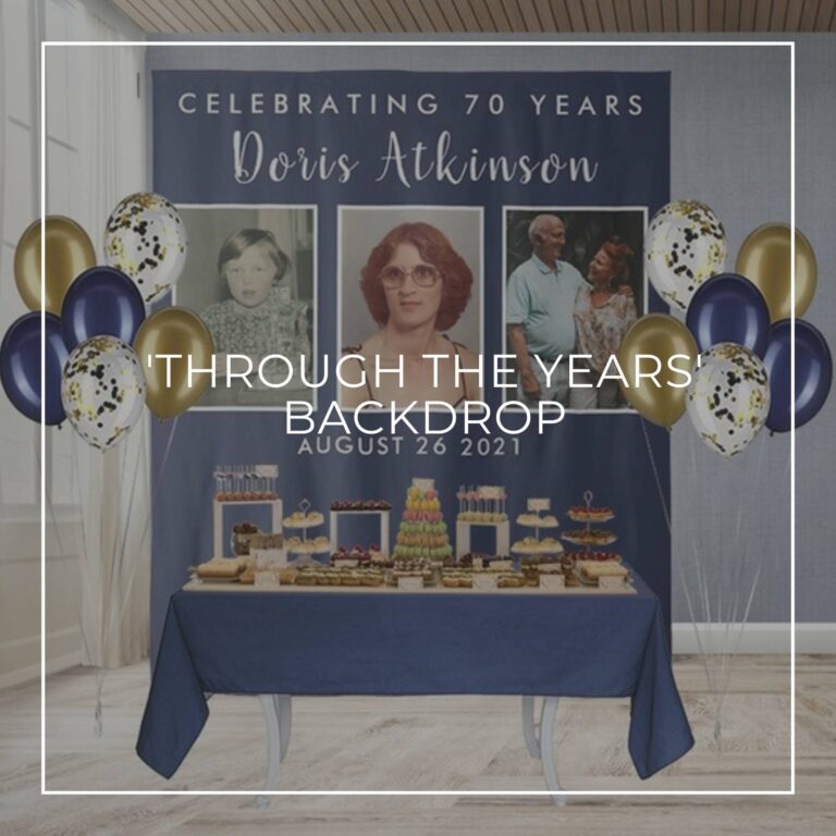 Celebrating 70 Years custom photo birthday backdrop behind a party dessert table