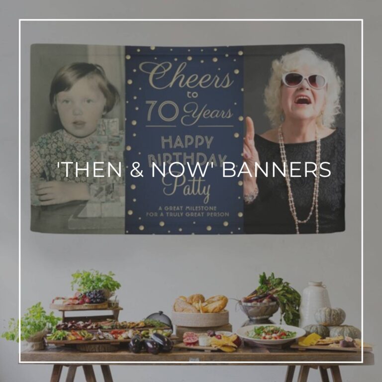Cheers to 70 Years custom 'Then & Now' photo birthday banner decorations hung above party food table
