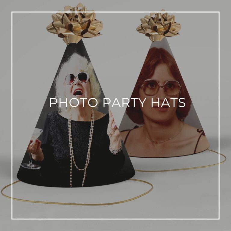 color photo party hats showing the 70th birthday girl now and as a girl