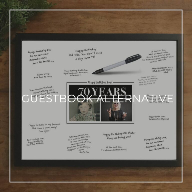 70th birthday party custom 'then & now' photo framed signing poster guestbook alternative