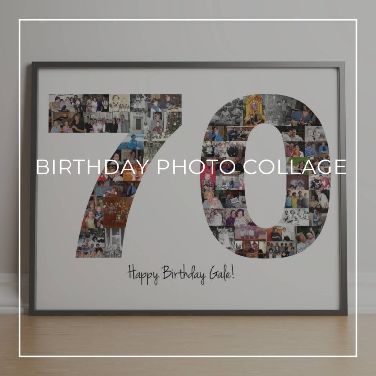 framed Happy 70th Birthday photo collage with the numbers 70 made up of 'through the years' style photos of the birthday girl at different ages