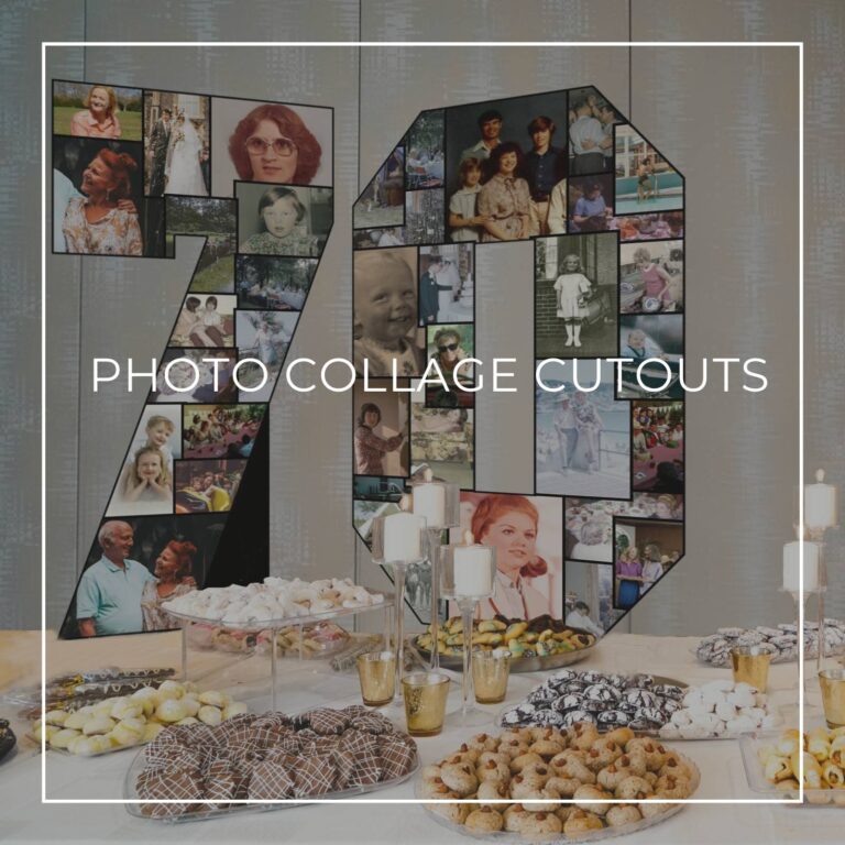 number 70 'through the years' photo collage cutout decorations standing on a party dessert table showing photos of the 70th birthday girl
