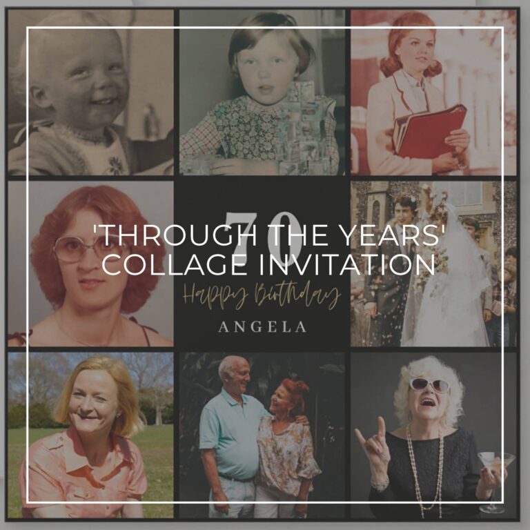 70th birthday party photo collage invitation showing the birthday girl 'through the years'