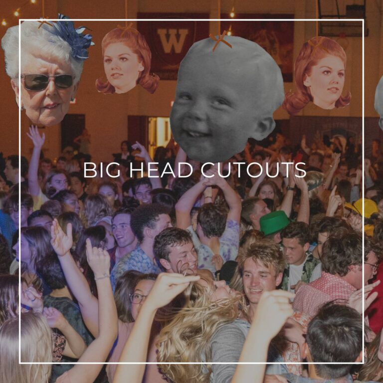 giant custom face cutouts showing the 75th birthday girl at different ages used as hanging decorations above a crowd of dancing party guests