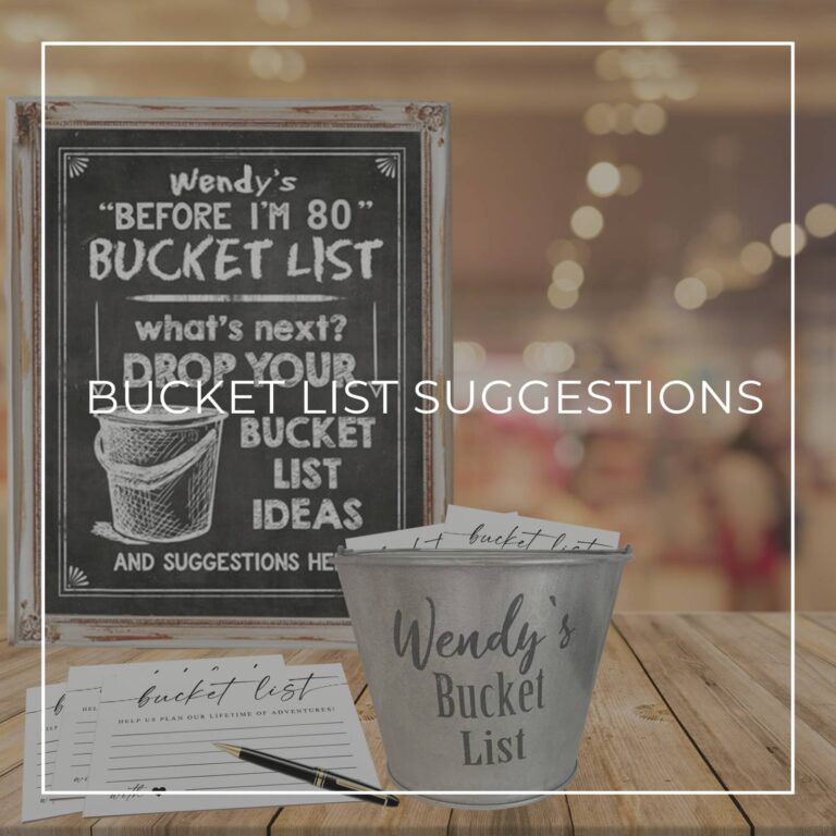 'Before I'm 80' bucket list suggestions cards and sign for an 75th birthday party