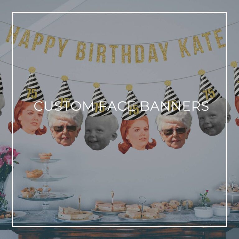 75th birthday custom face photo banners showing birthday girl at different ages hung above party dessert table