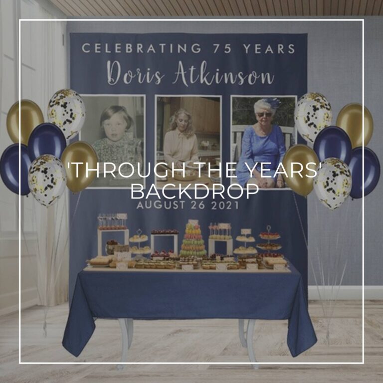 Celebrating 75 Years custom photo birthday backdrop behind a party dessert table